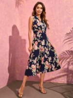 Rochie Midi Nelmi Bleumarin Cu Model Floral Roz - imagine 4