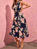 Rochie Midi Nelmi Bleumarin Cu Model Floral Roz - imagine 5