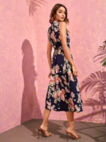 Rochie Midi Nelmi Bleumarin Cu Model Floral Roz - imagine 2