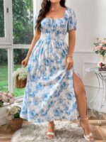 Rochie Lunga Mikua Alba Cu Model Floral Albastru - Marimi Mari