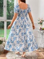 Rochie Lunga Mikua Alba Cu Model Floral Albastru - Marimi Mari - imagine 2