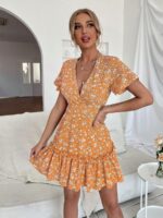 Rochie Scurta Berthe Galbena cu Print Floral Alb