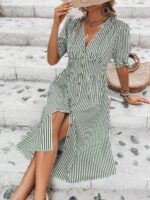 Rochie Midi Aurore Alba cu Dungi Gri - imagine 3