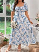 Rochie Lunga Mikua Alba Cu Model Floral Albastru - Marimi Mari - imagine 3