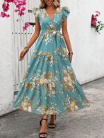Rochie Lunga Minessa Albastru Verzui Inflorata - imagine 3
