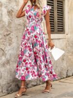 Rochie Lunga Karely Alba Cu Model Floral Roz
