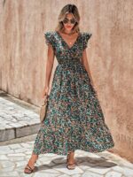 Rochie Lunga Fiorella Neagra Cu Model Floral Multicolor
