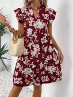 Rochie Scurta Tilma Grena Cu Model Floral Alb