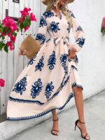 Rochie Lunga Seier Roz Deschis Cu Model Floral Albastru
