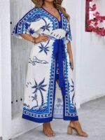 Rochie Lunga Falka Alba Cu Print Albastru - Marimi Mari - imagine 3