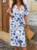 Rochie Midi Ruzika Alba Cu Print Geometric Albastru