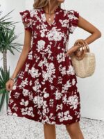 Rochie Scurta Tilma Grena Cu Model Floral Alb - imagine 3