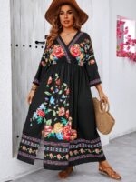 Rochie Lunga Cecila Neagra Inflorata - Marimi Mari