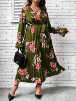 Rochie Lunga Maida Verde Cu Model Floral Roz - Marimi Mari
