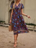 Rochie Midi Axelia Bleumarin Cu Model Floral Multicolor