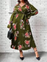 Rochie Lunga Maida Verde Cu Model Floral Roz - Marimi Mari - imagine 3