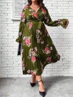 Rochie Lunga Maida Verde Cu Model Floral Roz - Marimi Mari - imagine 4