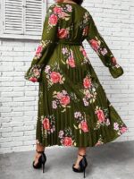 Rochie Lunga Maida Verde Cu Model Floral Roz - Marimi Mari - imagine 2