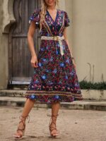 Rochie Midi Axelia Bleumarin Cu Model Floral Multicolor - imagine 3