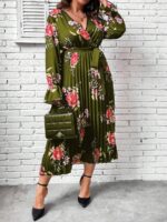 Rochie Lunga Maida Verde Cu Model Floral Roz - Marimi Mari - imagine 5