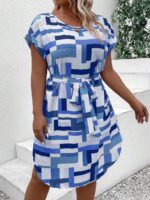 Rochie Scurta Arisha Alba Cu Imprimeu Geometric Albastru - Marimi Mari - imagine 3