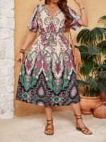 Rochie Lunga Gwen Crem Cu Print Multicolor - Marimi Mari