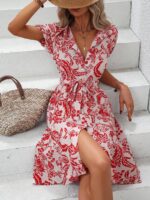 Rochie Scurta Gordana Alba Cu Model Floral Rosu - imagine 3