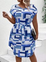 Rochie Scurta Arisha Alba Cu Imprimeu Geometric Albastru - Marimi Mari - imagine 5