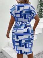 Rochie Scurta Arisha Alba Cu Imprimeu Geometric Albastru - Marimi Mari - imagine 2