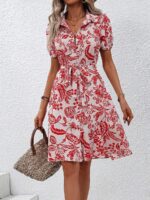 Rochie Scurta Gordana Alba Cu Model Floral Rosu - imagine 4