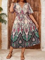 Rochie Lunga Gwen Crem Cu Print Multicolor - Marimi Mari - imagine 3