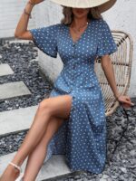 Rochie Midi Balbina Albastra Cu Buline Albe