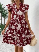 Rochie Scurta Tilma Grena Cu Model Floral Alb - imagine 4