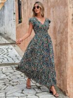 Rochie Lunga Teresia Neagra Cu Model Floral Multicolor - imagine 3