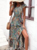 Rochie Lunga Karine Albastra Cu Print Multicolor