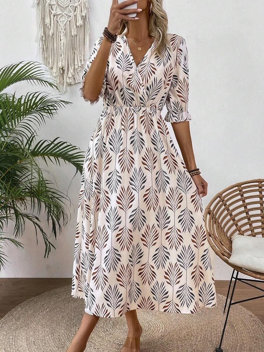 7kj Rochie Lunga Santa Alba Cu Model Cu Frunze Multicolore - imagine 1