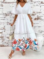 Rochie Lunga Marsela Alba Cu Model Floral Multicolor