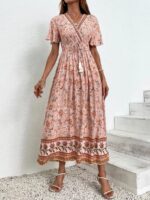 Rochie Lunga Anuska Bej cu Print Floral - imagine 3