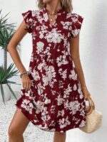 Rochie Scurta Tilma Grena Cu Model Floral Alb - imagine 5