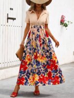 Rochie Lunga Saejin Crem Cu Model Floral Multicolor