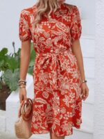 Rochie Scurta Lenka Portocalie Cu Model Floral Crem