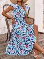 Rochie Lunga Carla Albastra Cu Model Floral Multicolor