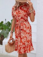 Rochie Scurta Lenka Portocalie Cu Model Floral Crem - imagine 3