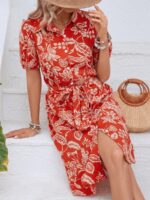 Rochie Scurta Lenka Portocalie Cu Model Floral Crem - imagine 4