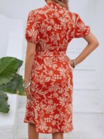 Rochie Scurta Lenka Portocalie Cu Model Floral Crem - imagine 2