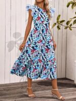 Rochie Lunga Carla Albastra Cu Model Floral Multicolor - imagine 3