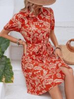 Rochie Scurta Lenka Portocalie Cu Model Floral Crem - imagine 5