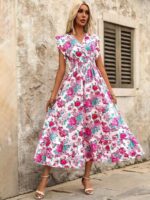 Rochie Lunga Karely Alba Cu Model Floral Roz - imagine 3