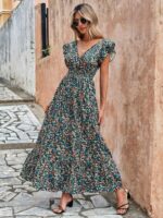 Rochie Lunga Fiorella Neagra Cu Model Floral Multicolor - imagine 3