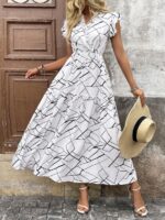 Rochie Lunga Almida Alba Cu Print Geometric Negru
